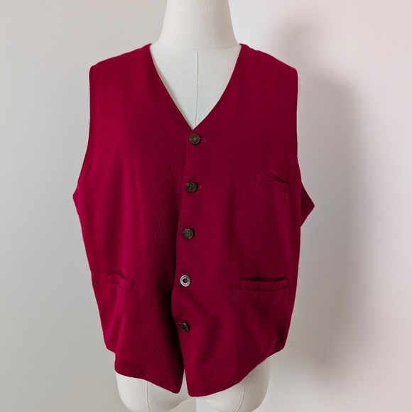 70s Red Button Down Waistcoat Vest Relaxed Fit Sleeveless V-Neck - Picture 7 of 10